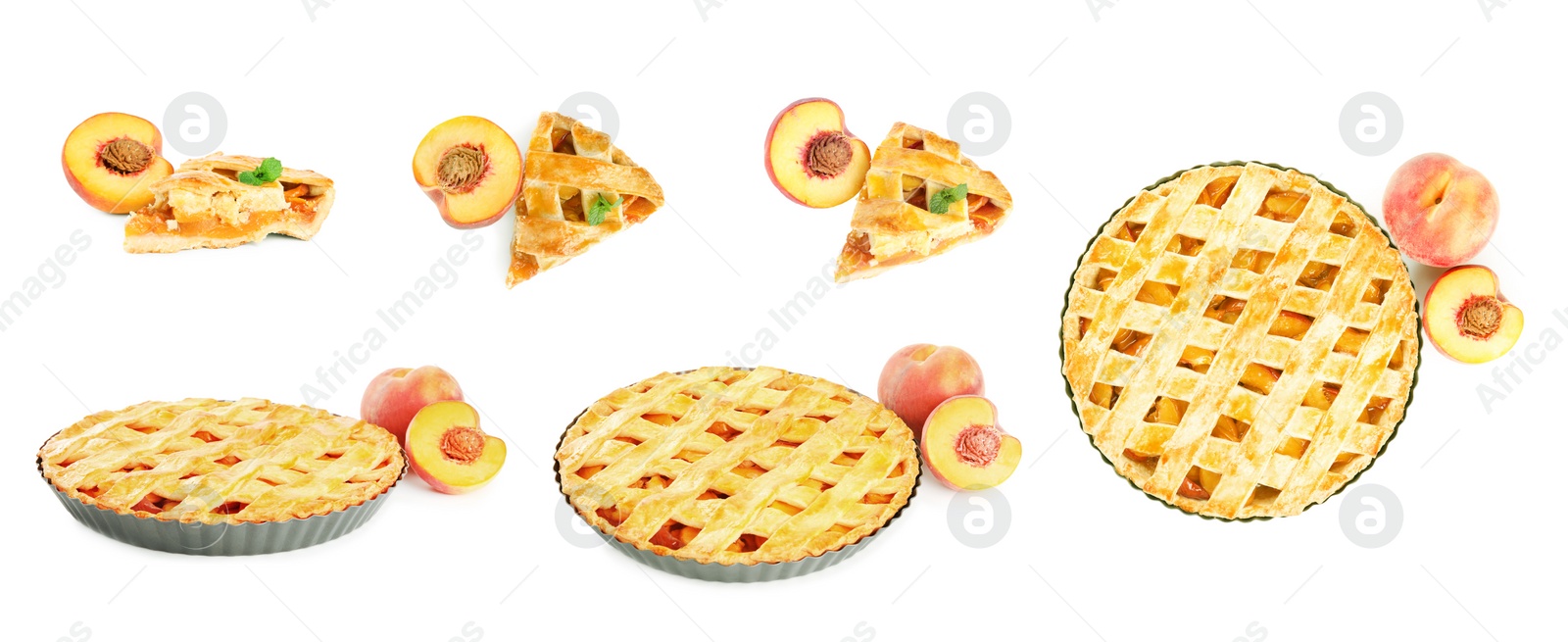 Image of Collage with delicious peach pie on white background, different sides