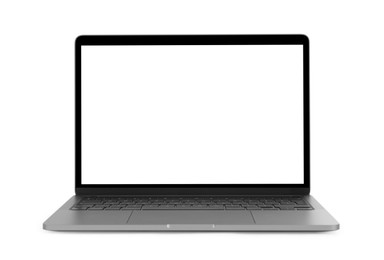 Photo of Modern laptop with blank screen isolated on white