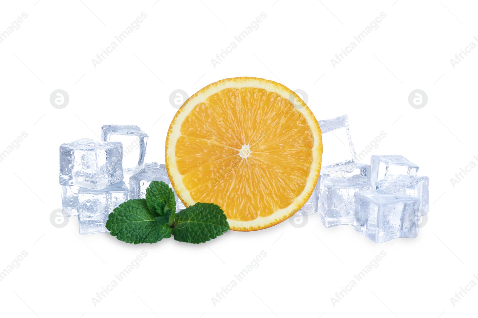 Photo of Ice cubes, mint and orange on white background