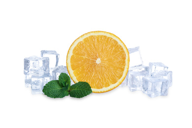 Photo of Ice cubes, mint and orange on white background