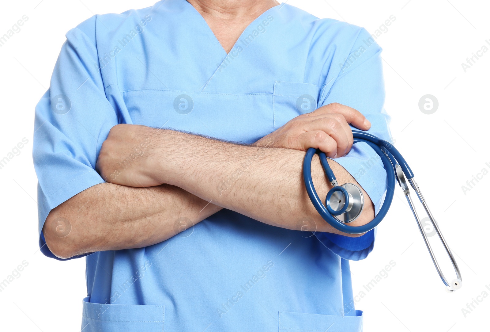 Photo of Doctor with stethoscope in uniform on white background, closeup. Medical service