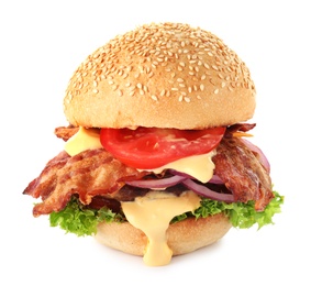 Tasty burger with bacon on white background