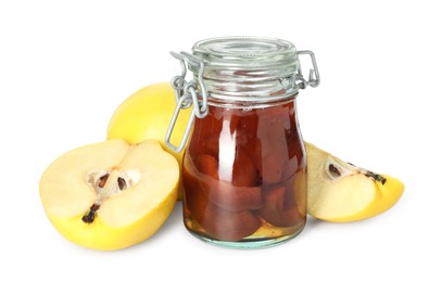 Photo of Tasty homemade quince jam in jar and fruits isolated on white