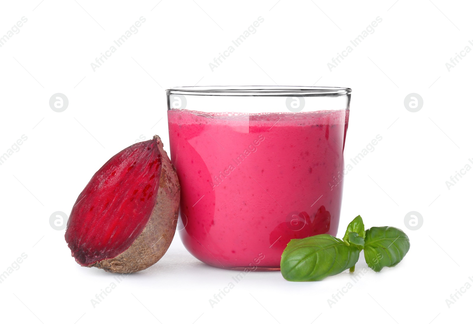 Photo of Glass with healthy detox smoothie and beet on white background