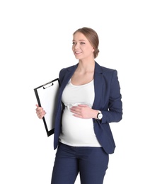 Young pregnant woman in suit with clipboard on white background. Working while expecting baby