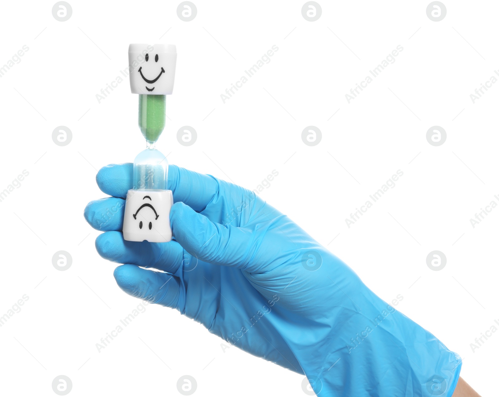 Photo of Dentist holding sand glass on white background. Brushing teeth time