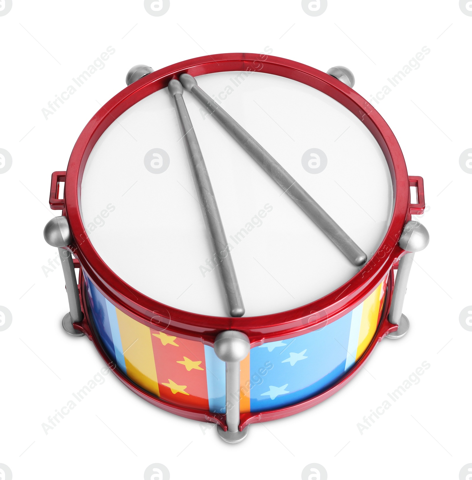 Photo of Bright drum with sticks isolated on white