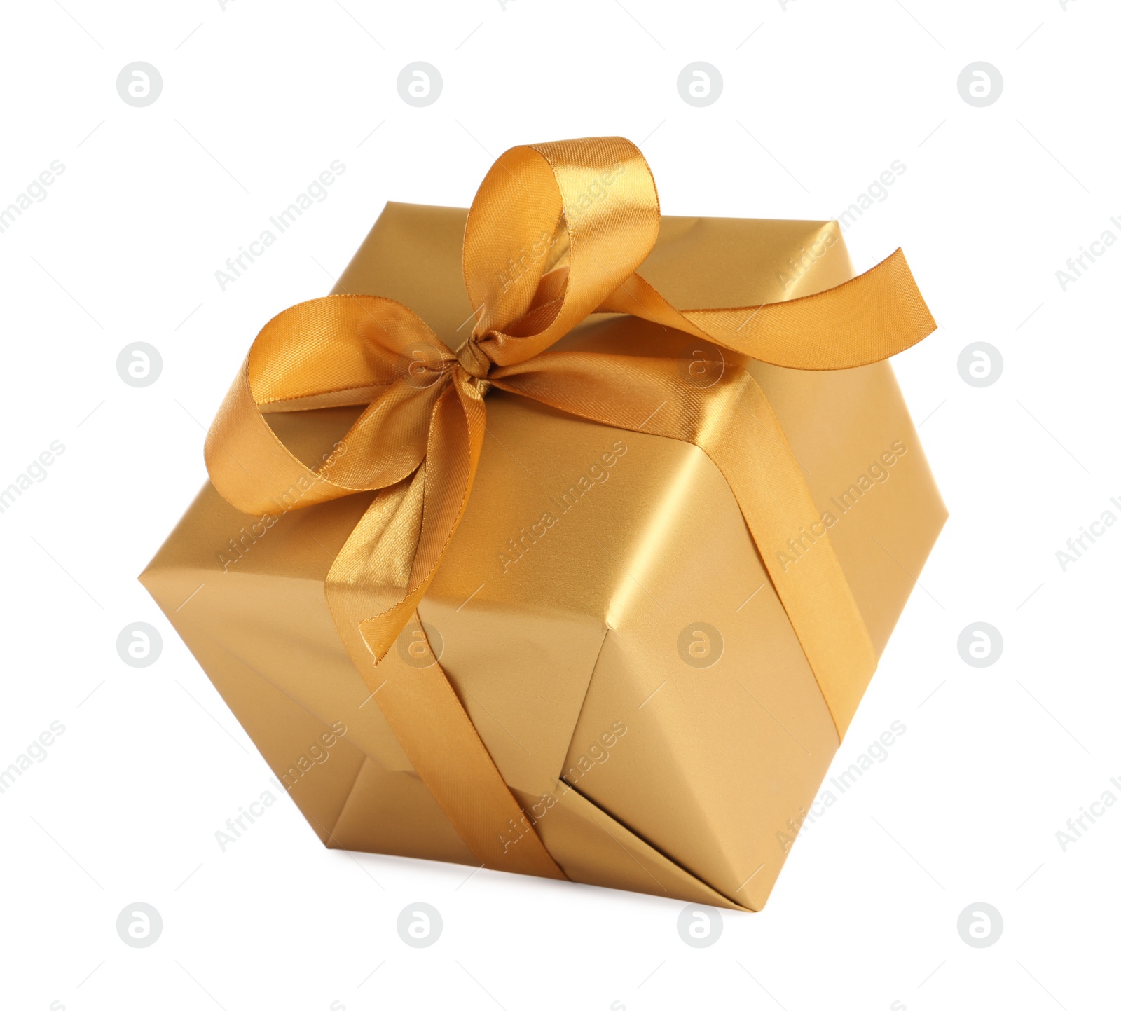 Photo of Gift box with golden ribbon and bow on white background