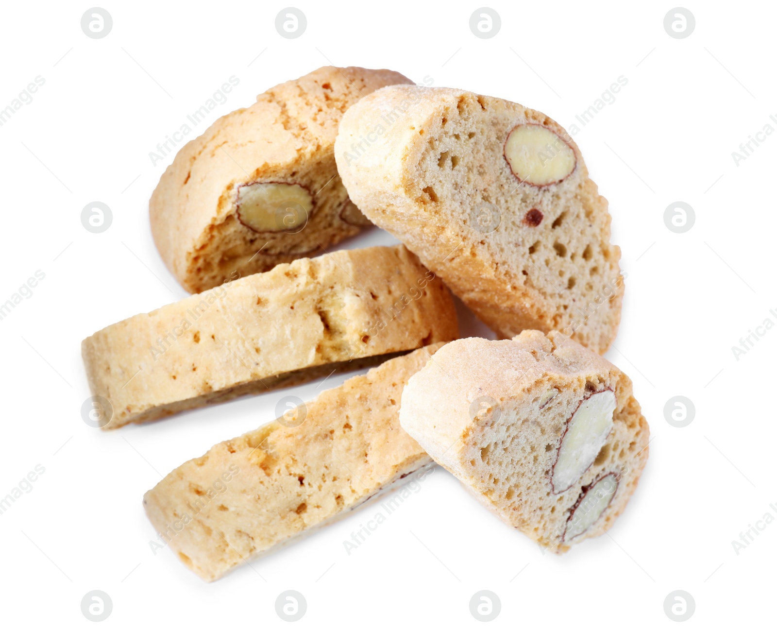 Photo of Slices of tasty cantucci on white background, top view. Traditional Italian almond biscuits