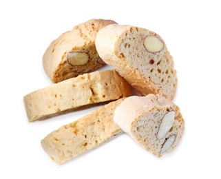 Photo of Slices of tasty cantucci on white background, top view. Traditional Italian almond biscuits