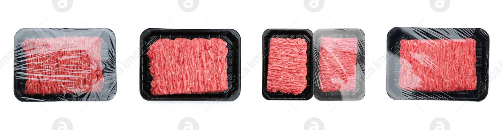 Image of Set of plastic containers with raw minced meat on white background, top view. Banner design 