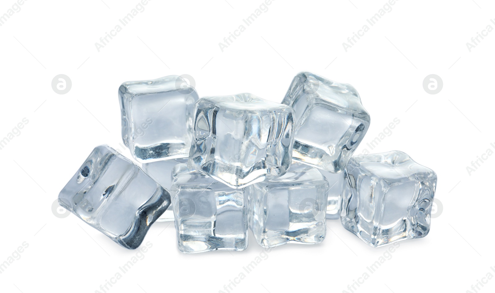 Photo of Pile of crystal clear ice cubes on white background