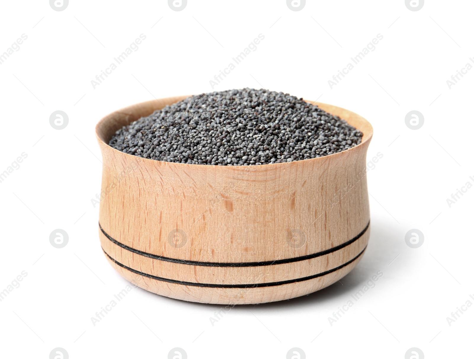 Photo of Raw poppy seeds in wooden bowl on white background