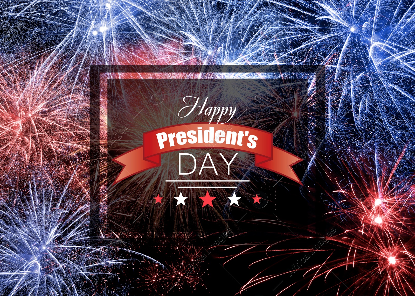 Image of Happy President's Day - federal holiday. Beautiful bright fireworks lighting up night sky