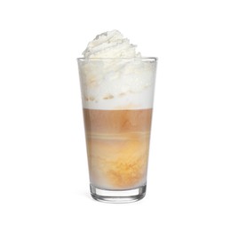 Photo of Delicious latte with whipped cream in glass isolated on white