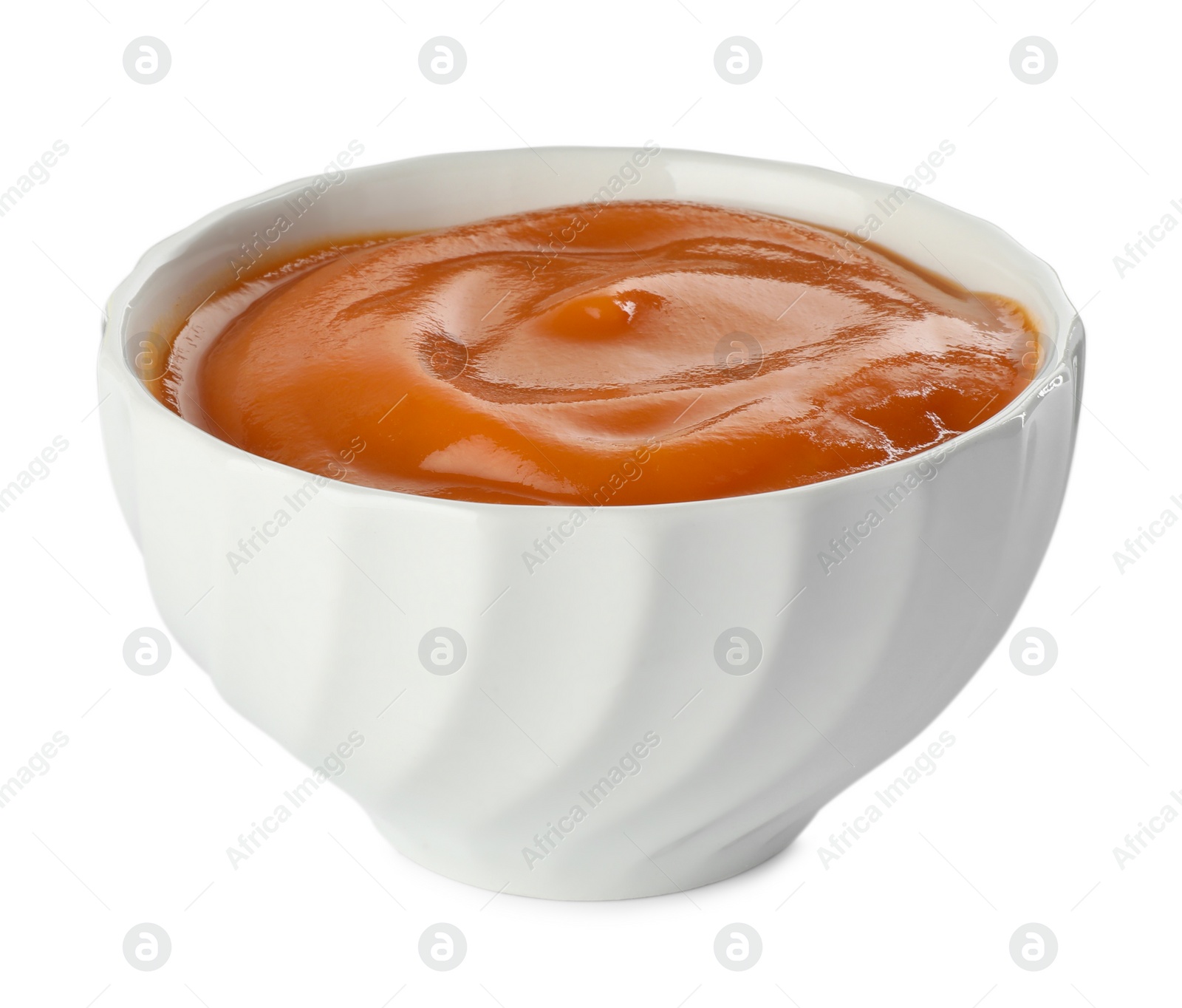 Photo of Delicious persimmon jam in bowl isolated on white