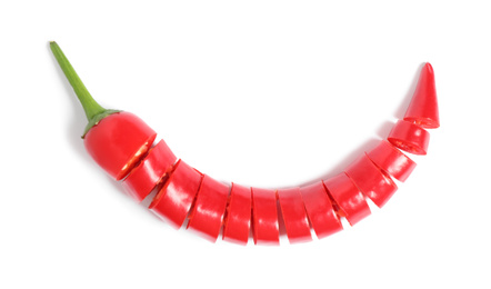 Cut red hot chili pepper on white background, top view