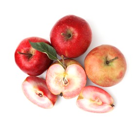 Photo of Tasty apples with red pulp isolated on white, top view