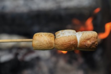 Photo of Delicious puffy marshmallows roasting over bonfire, closeup