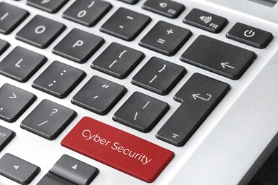 Image of Red button with phrase Cyber Security on keyboard, closeup view