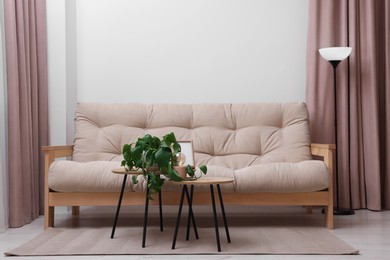 Photo of Comfortable sofa and houseplant on coffee table in light room. Interior design