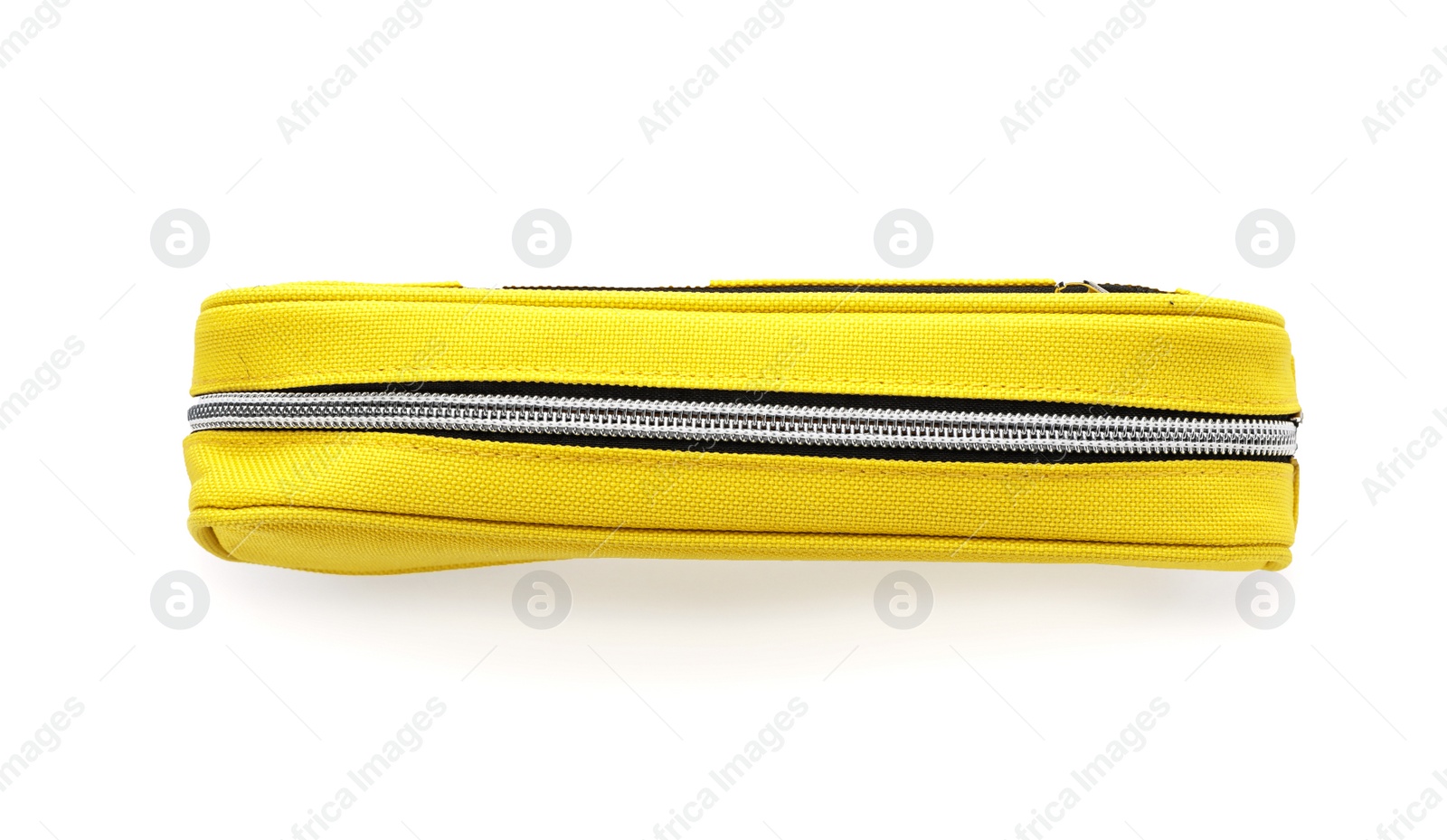 Photo of Yellow pen case on white background. Stationery for school