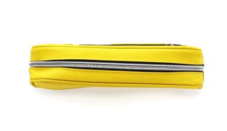 Yellow pen case on white background. Stationery for school