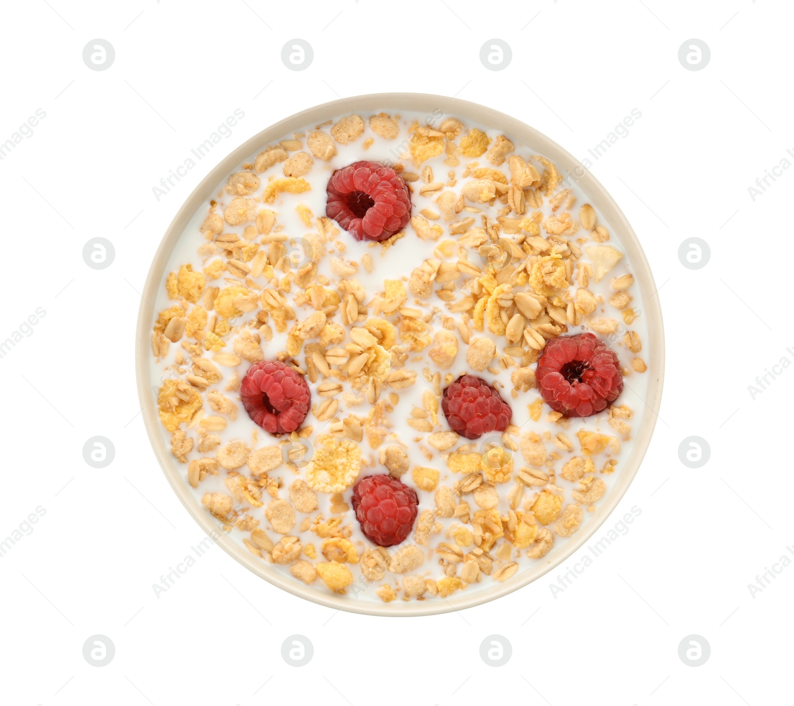 Photo of Bowl with muesli, milk and raspberries on white background. Healthy grains and cereals