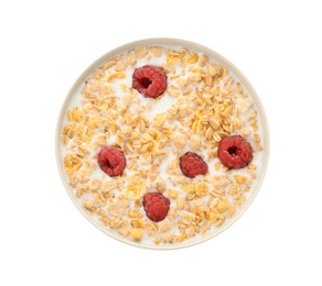 Photo of Bowl with muesli, milk and raspberries on white background. Healthy grains and cereals