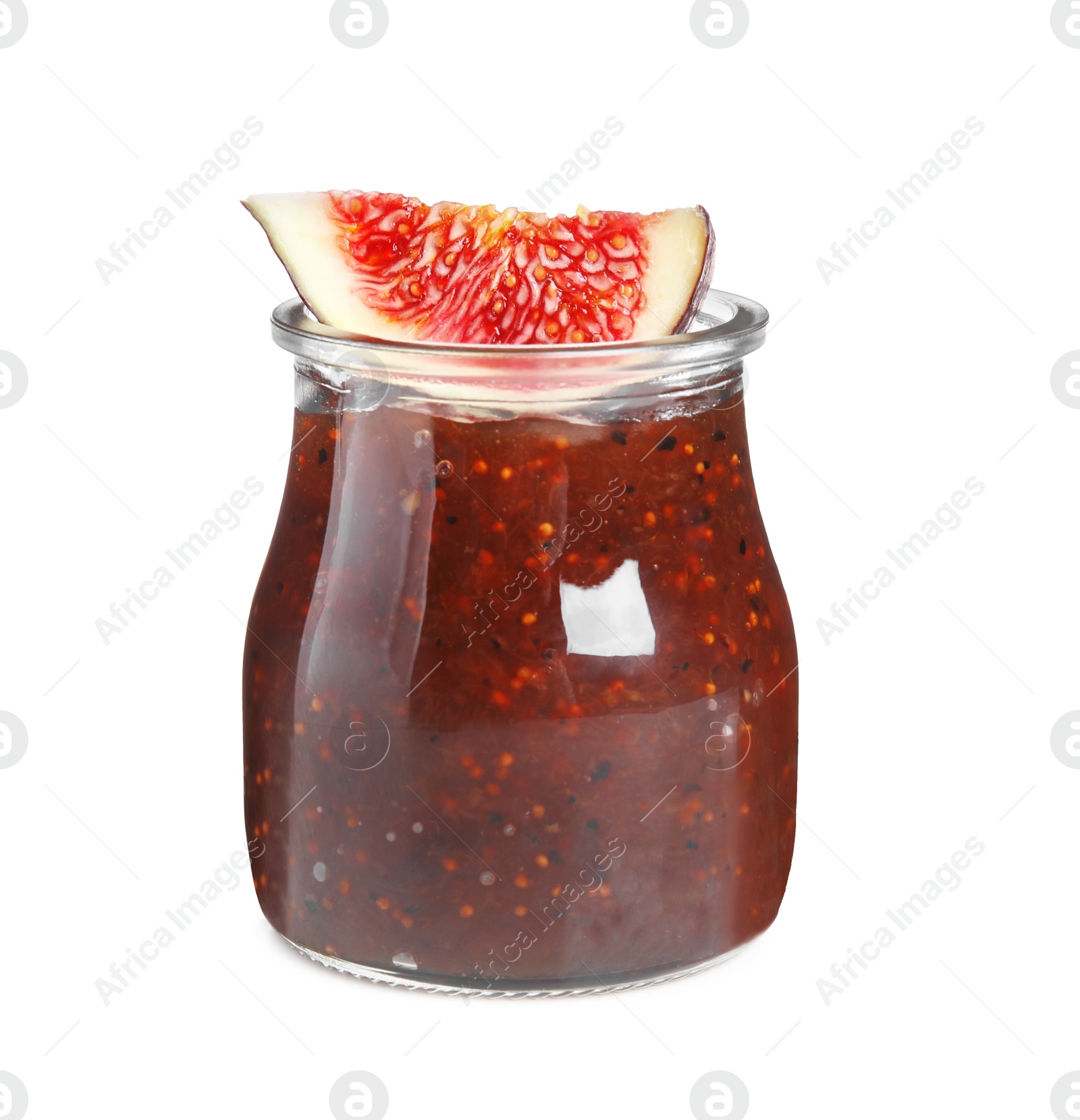 Photo of Glass jar of tasty sweet fig jam isolated on white