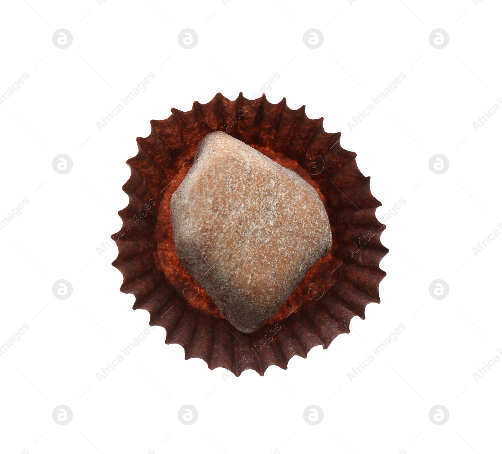 Photo of Delicious chocolate candy isolated on white, top view