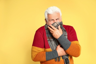 Senior man suppressing cough on yellow background. Cold symptoms
