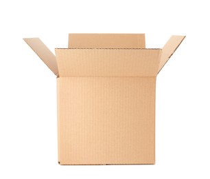 Photo of One open cardboard box isolated on white