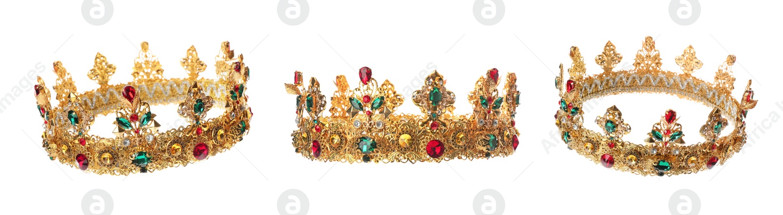 Image of Beautiful crown with gemstones on white background, views from different sides