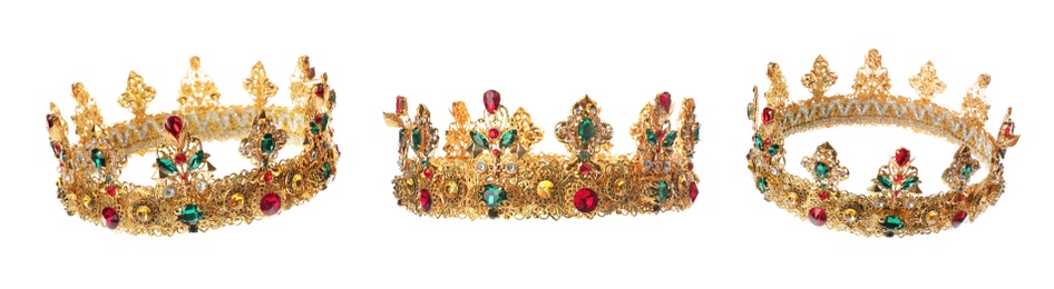 Image of Beautiful crown with gemstones on white background, views from different sides