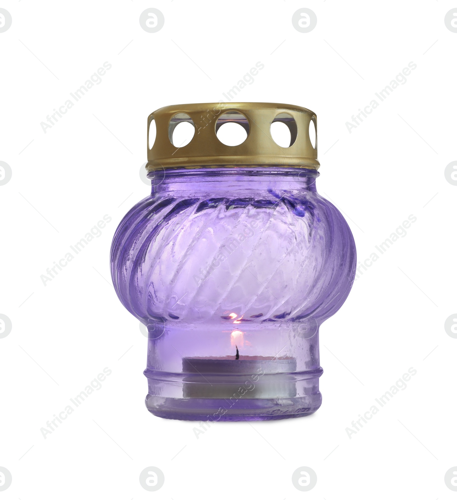 Photo of Violet grave light with burning candle isolated on white. Symbol of remembrance
