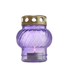 Violet grave light with burning candle isolated on white. Symbol of remembrance