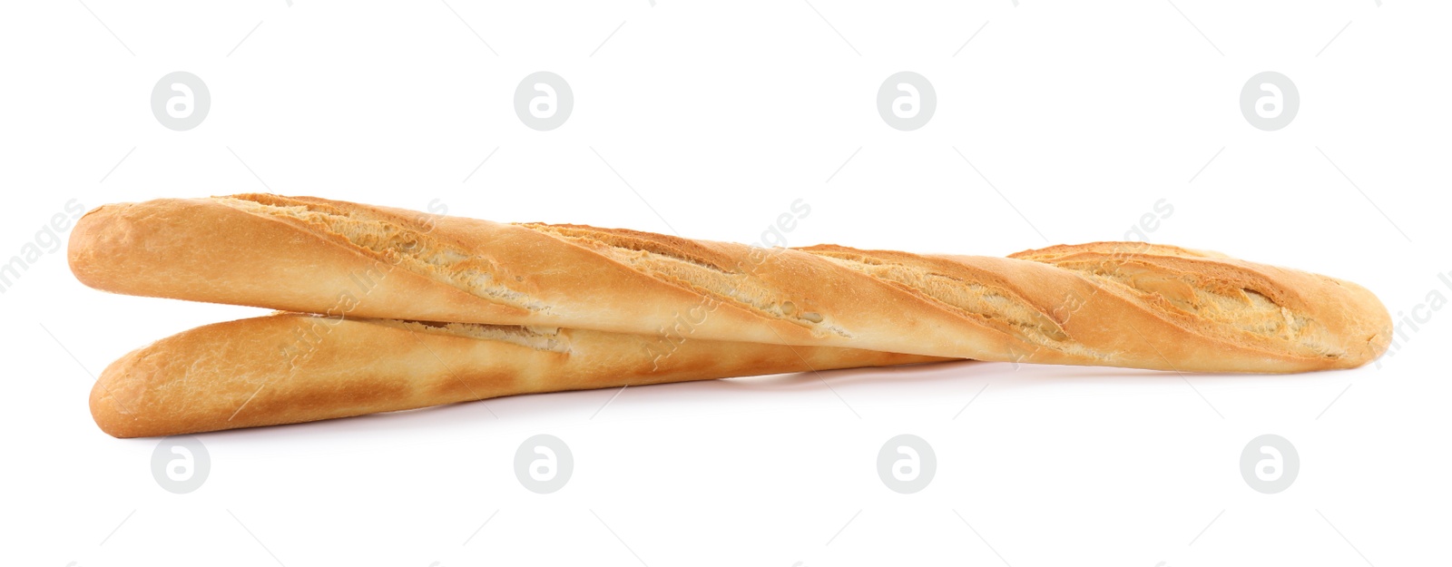 Photo of Tasty baguettes on white background. Fresh bread