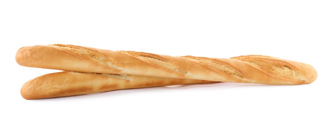 Photo of Tasty baguettes on white background. Fresh bread