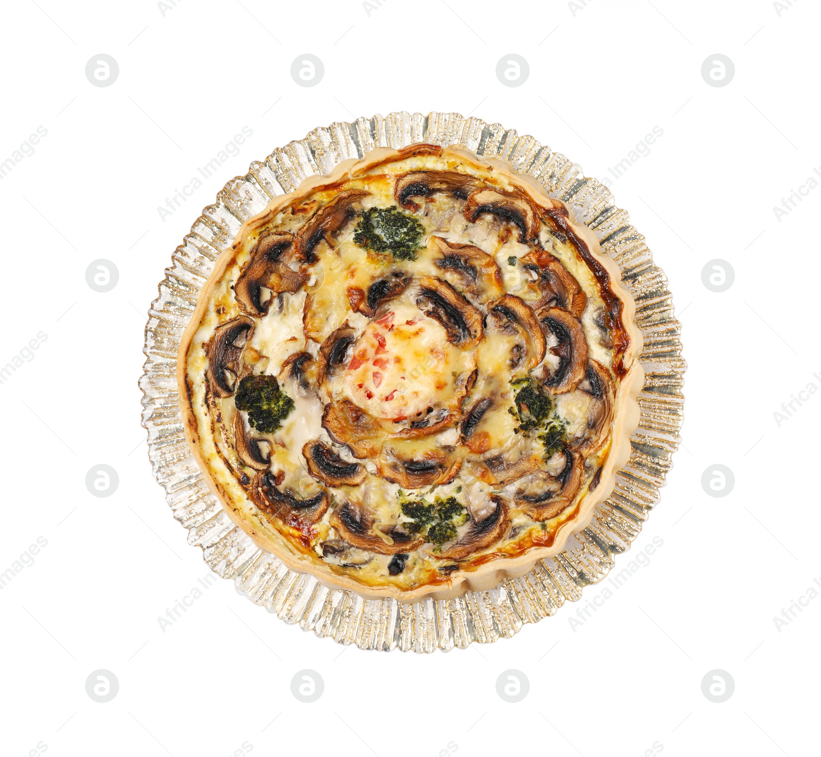 Photo of Delicious quiche with mushrooms isolated on white, top view
