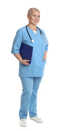 Photo of Mature doctor with clipboard and stethoscope on white background