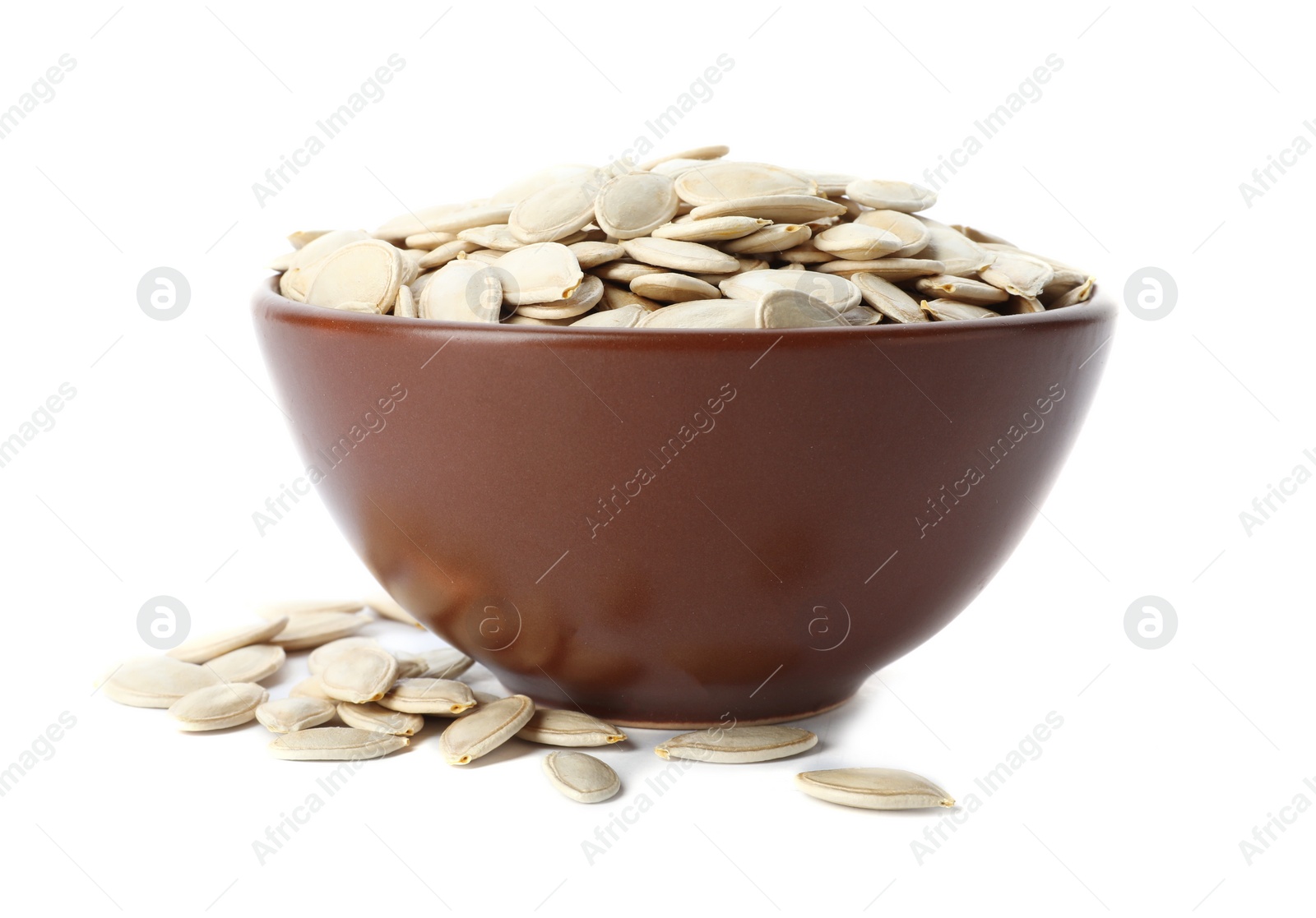 Photo of Raw pumpkin seeds in bowl on white background