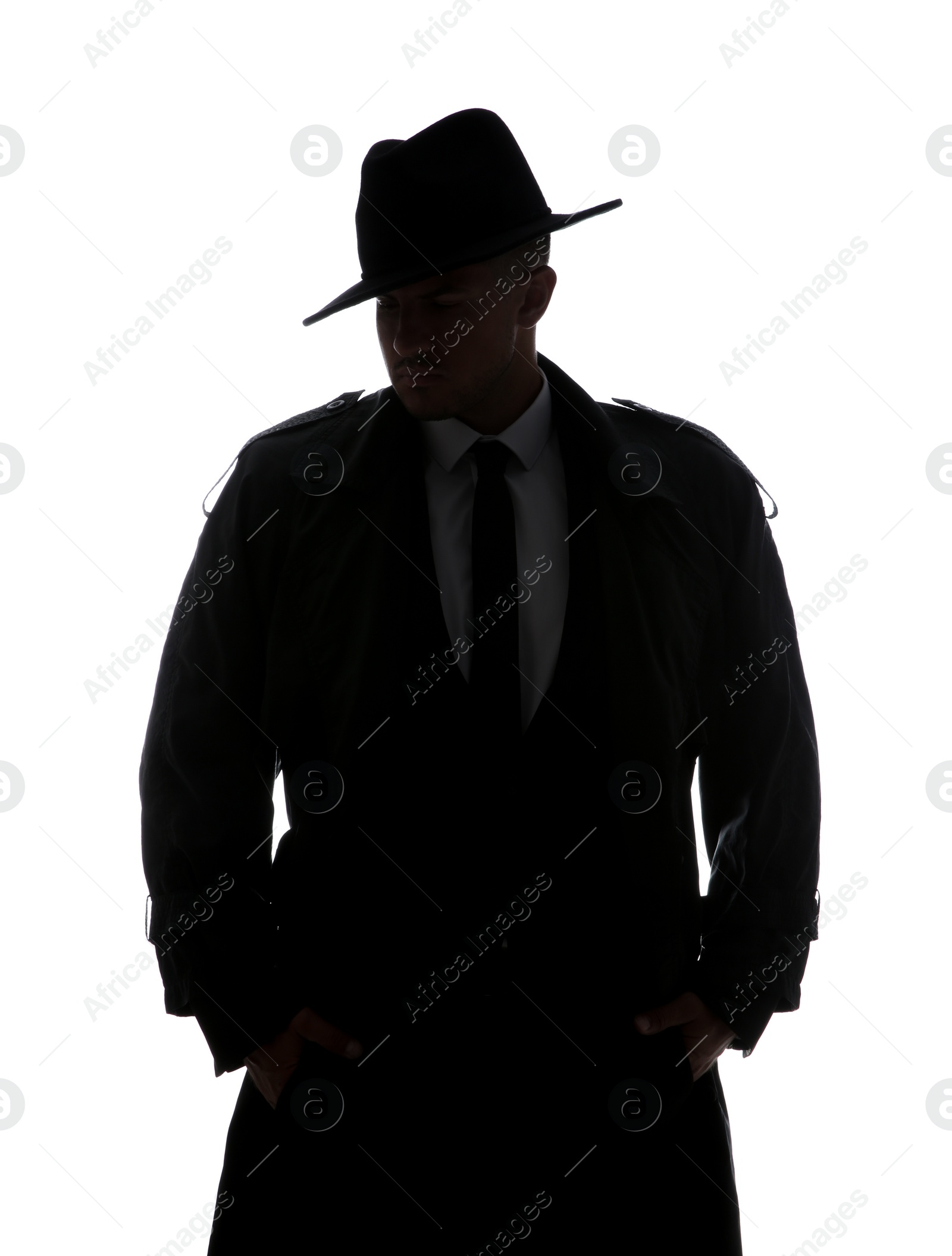 Photo of Old fashioned detective in hat on white background