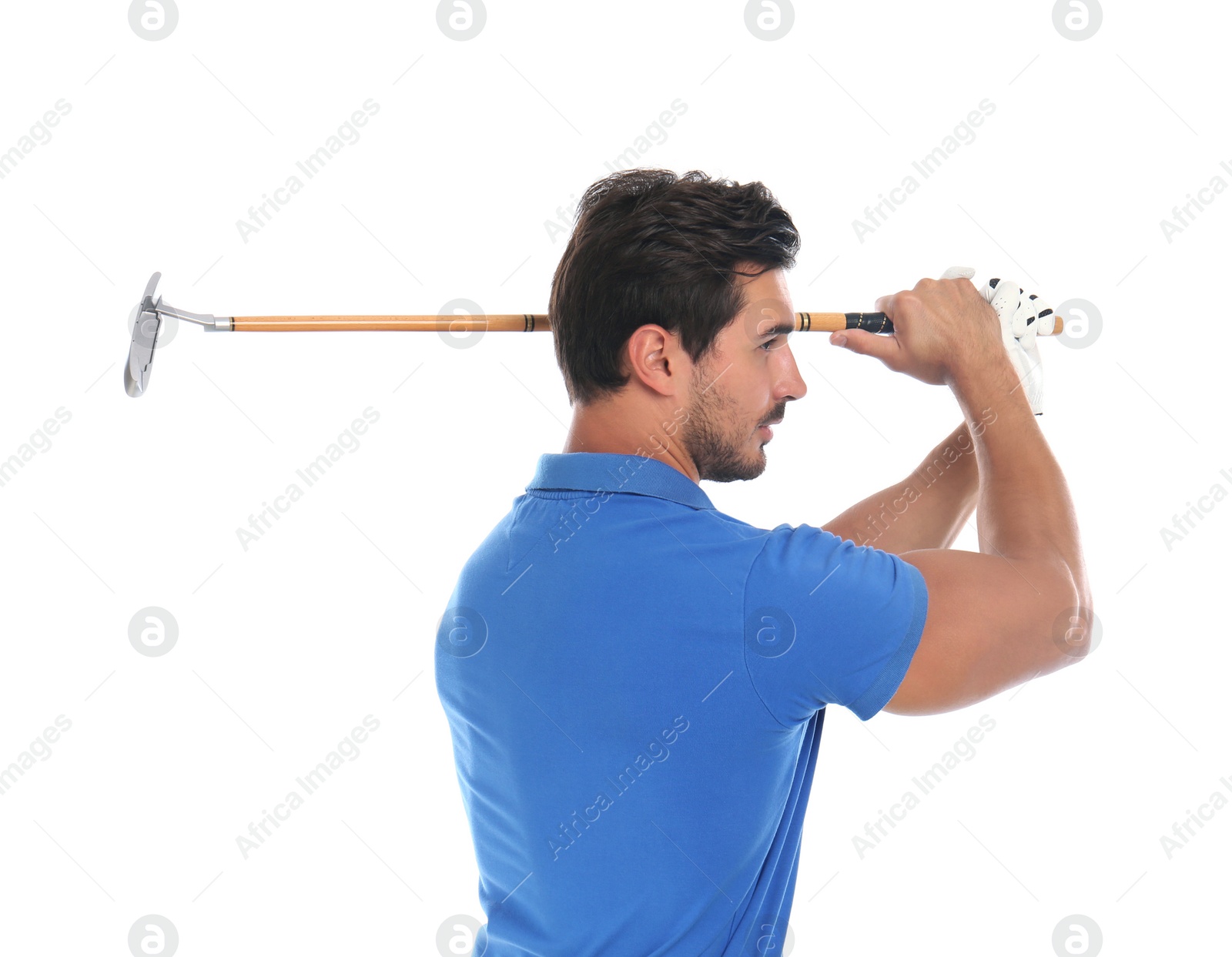 Photo of Young man playing golf on white background