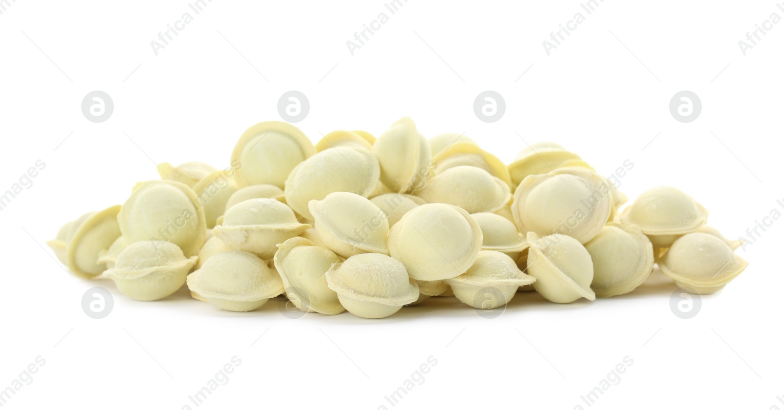 Photo of Heap of raw meat dumplings on white background