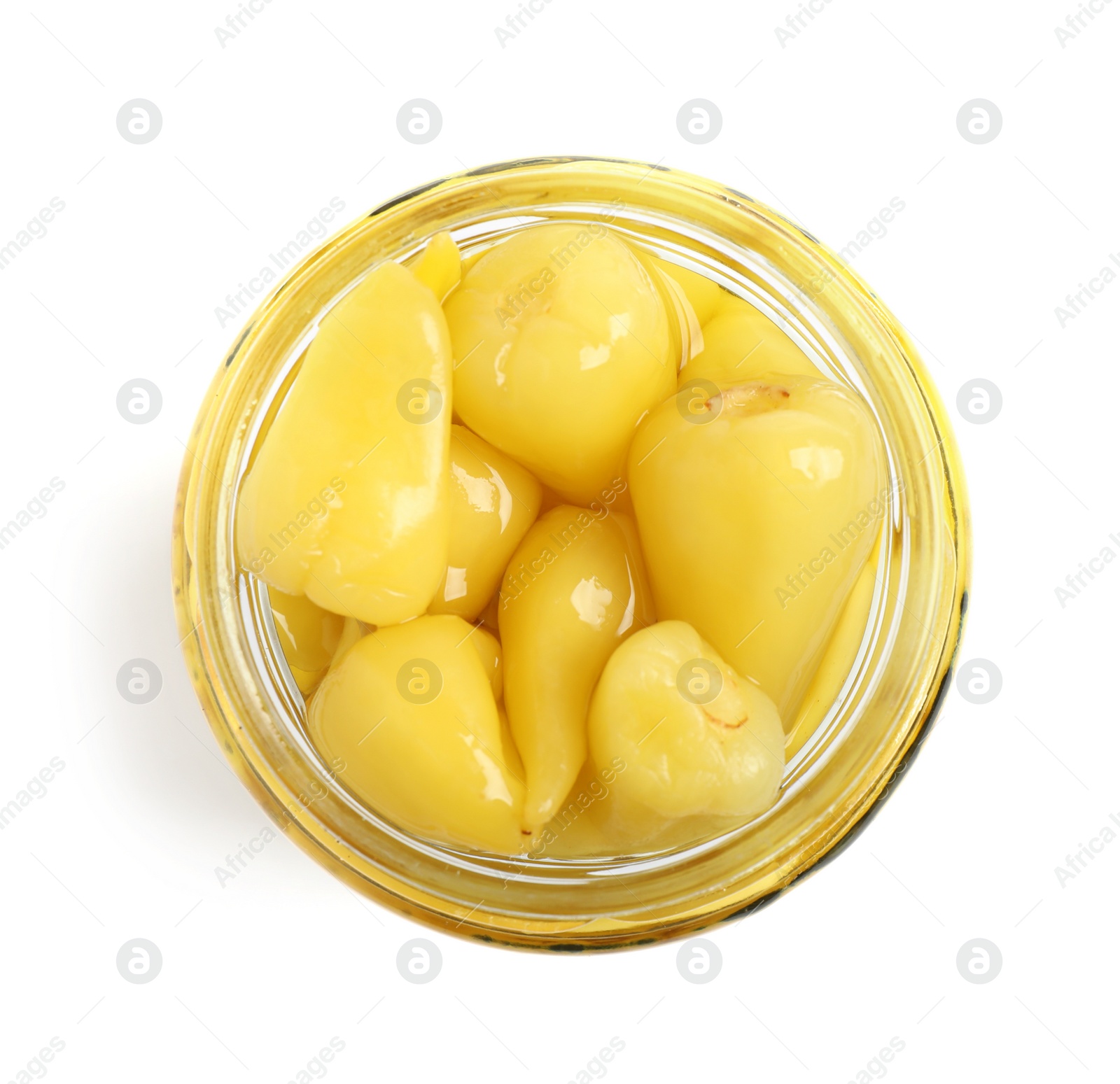 Photo of Glass jar with pickled peppers isolated on white, top view