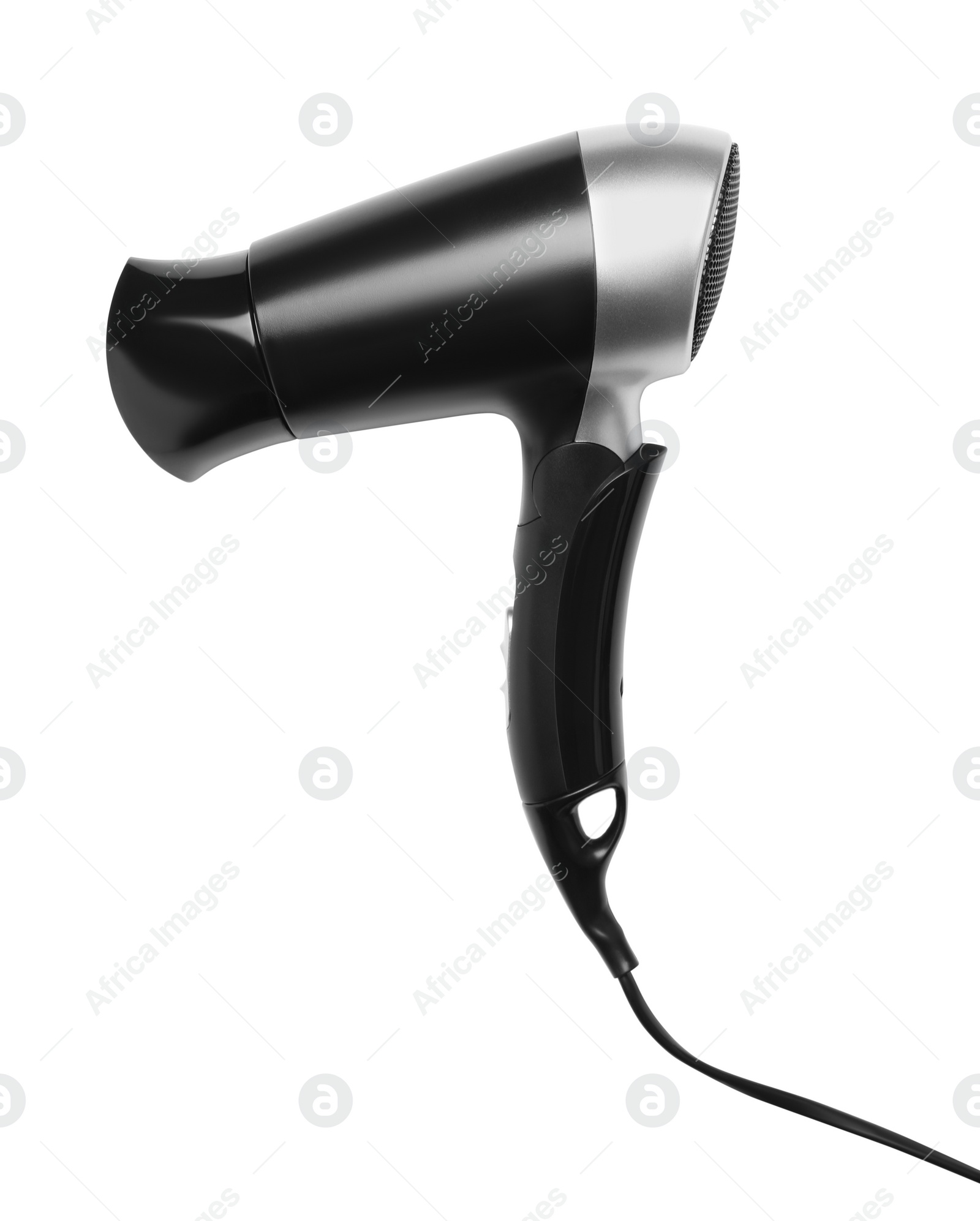 Photo of Modern hair dryer on white background, top view