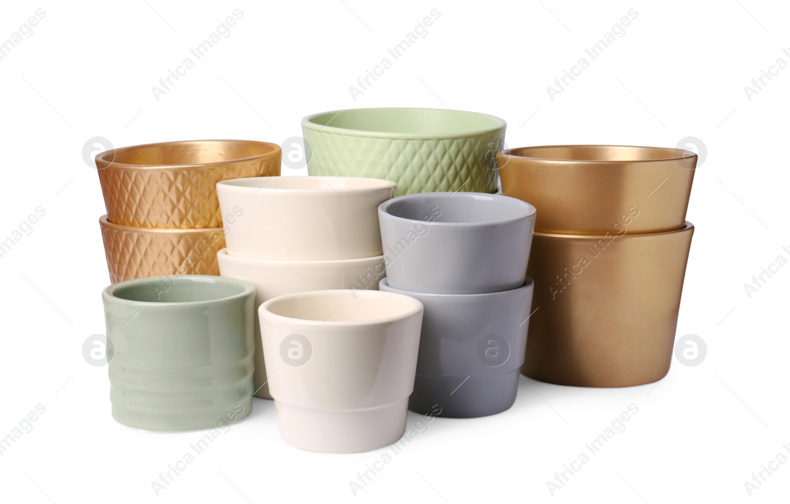 Photo of Many different empty ceramic flower pots on white background