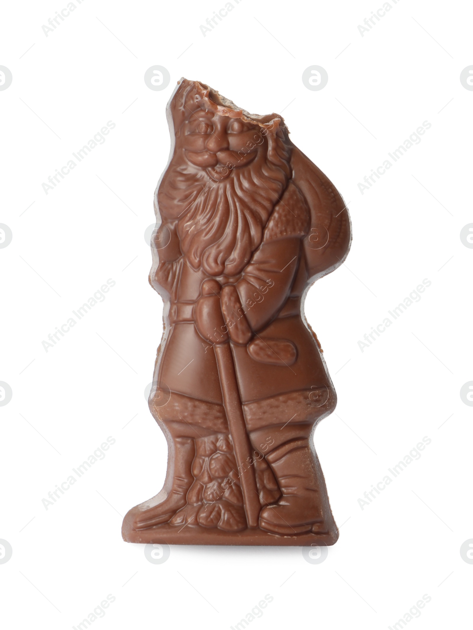 Photo of Bitten chocolate Santa Claus candy isolated on white