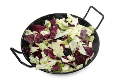 Photo of Delicious salad with Chinese cabbage, bell pepper and suluguni cheese isolated on white